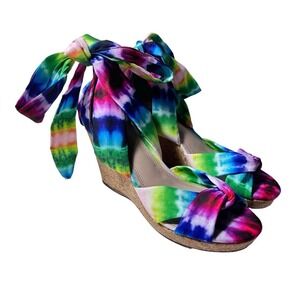 Impo Womens Tie Dye Ankle Tie Cork Wedge Sandals Multicolor Memory Foam 8.5M EUC